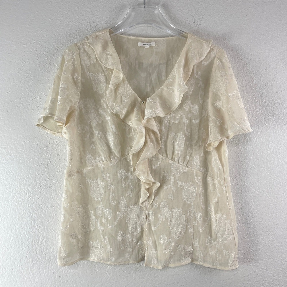 Pleione Ruffle Floral Jacquard Blouse‎ Size L Cream Romantic Victorian Edwardian